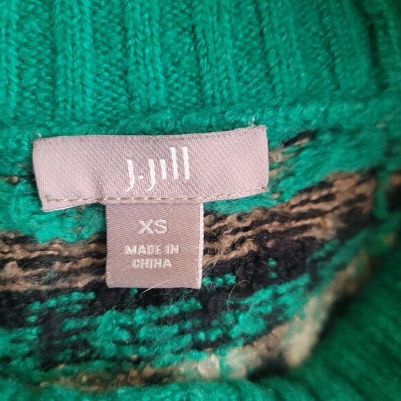 J. Jill Alpine Fair Isle Mock Neck Green Wool Blend Sweater XS Cabincore Jumper - Picture 4 of 6